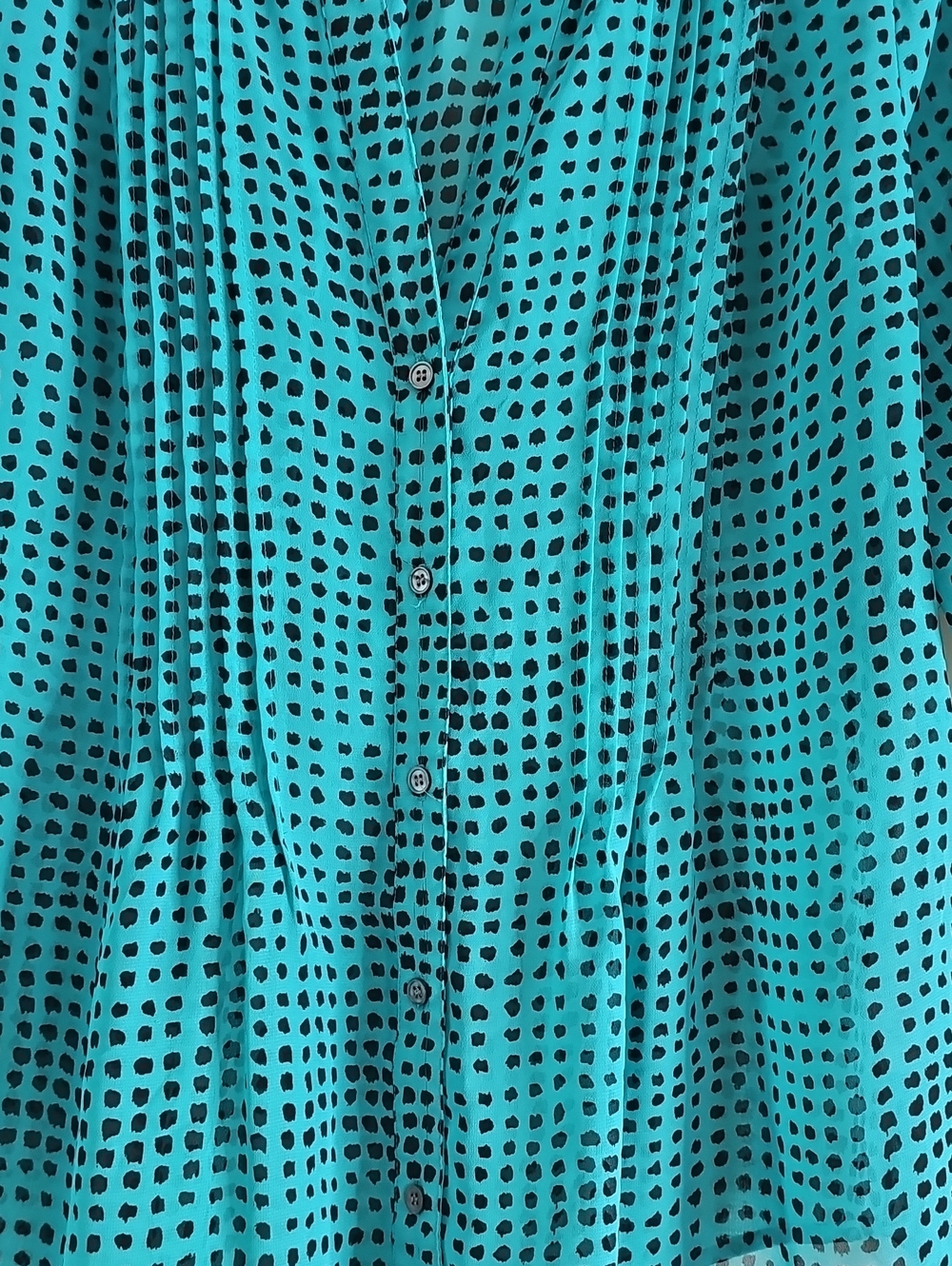 Chaus Teal and Black Dot Pintuck Button-Front Blouse - Picture 2 of 5